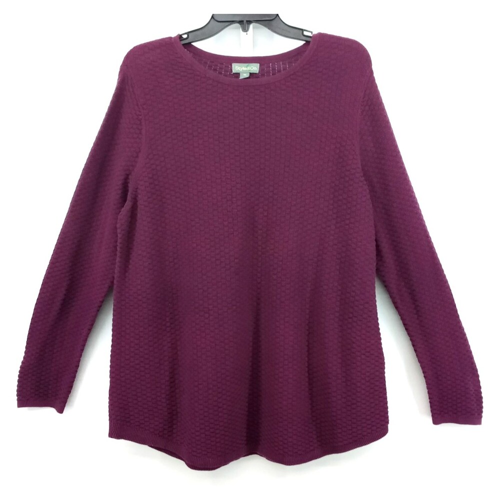 Style & Co Sweater Women Size PM Purple Textured Long Sleeve Round Neck Cozy Top